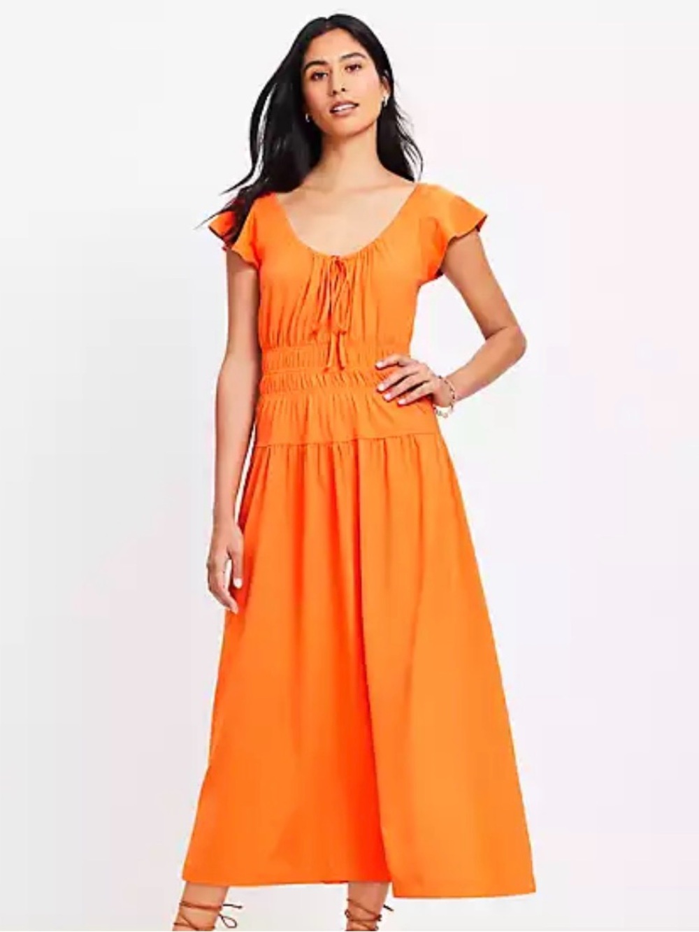 Loft Flutter Sleeve Smocked Bodice Orange Midi Dress - Women